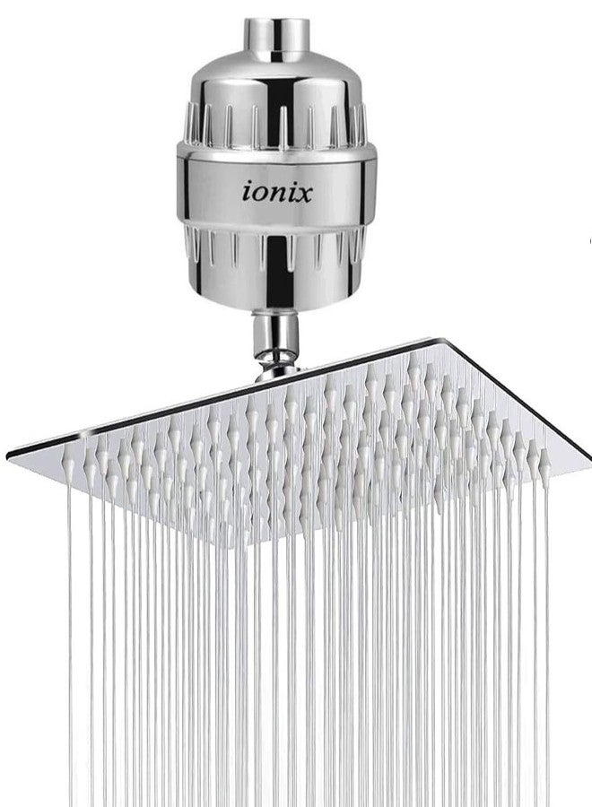 أيونيكس مجموعة فلتر ورأس دش من IONIX، رأس دش من الفولاذ المقاوم للصدأ 304 مقاس 8×8 بوصة مع فلتر مياه من 15 مرحلة لحمام صحي للعائلة، فلتر مياه عسرة يمكنك تركيبه بنفسك، فضي اللون - Image 1